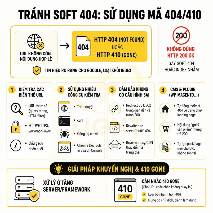 Infographic hướng dẫn tránh lỗi soft 404 bằng cách dùng mã HTTP 404 hoặc 410 và cấu hình đúng URL, redirect, CMS
