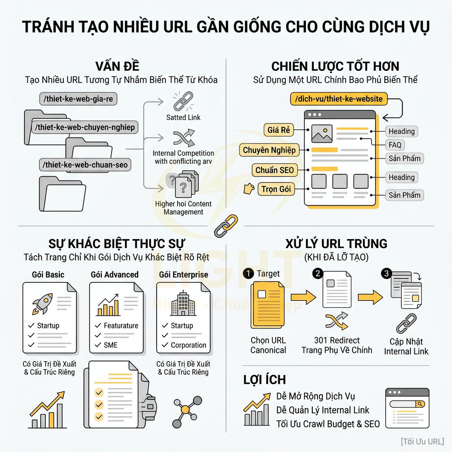 Infographic hướng dẫn tối ưu URL dịch vụ thiết kế website, tránh trùng lặp và cải thiện SEO tổng thể