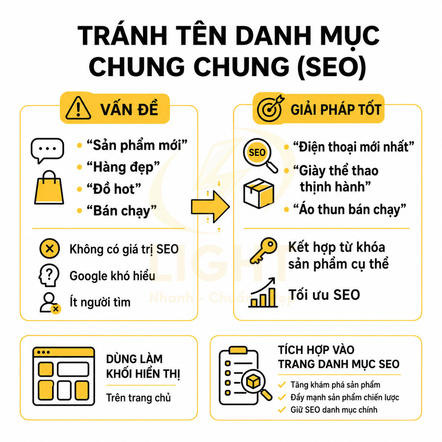 Hướng dẫn đặt tên danh mục sản phẩm chuẩn SEO, tránh tên chung chung và gợi ý từ khóa cụ thể