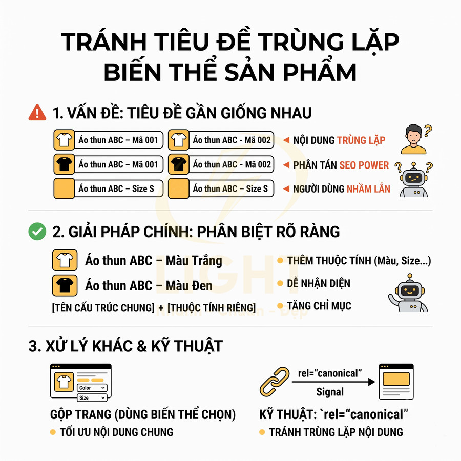 Hướng dẫn tối ưu tiêu đề biến thể sản phẩm áo thun ABC để tránh trùng lặp nội dung SEO