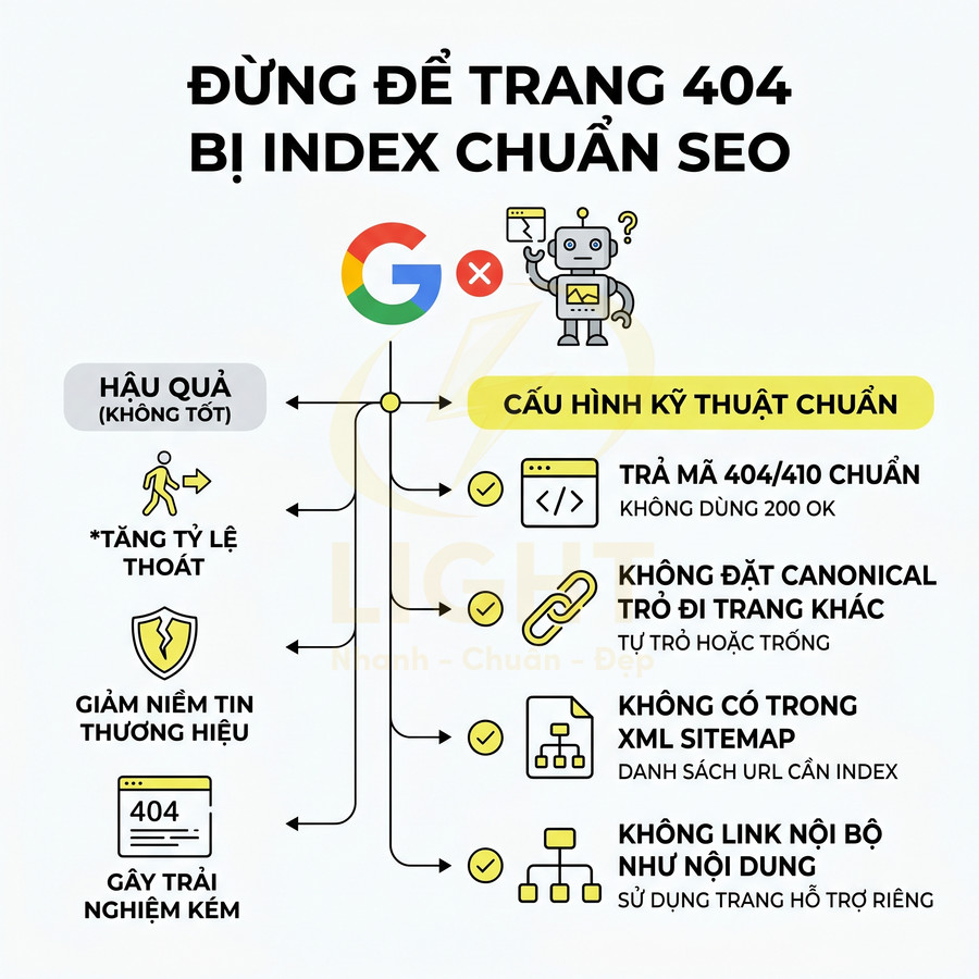 Hướng dẫn cấu hình kỹ thuật chuẩn SEO để tránh trang 404 bị index và giảm tác động xấu đến trải nghiệm người dùng