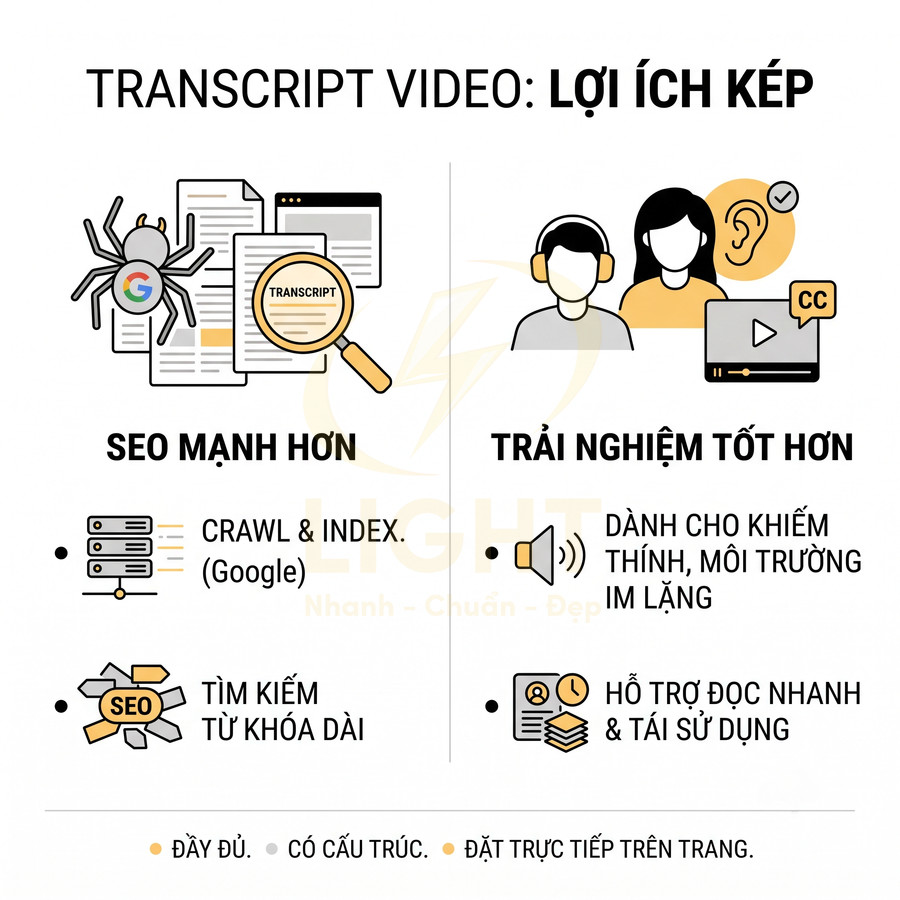Infographic lợi ích transcript video giúp SEO mạnh hơn và cải thiện trải nghiệm người xem