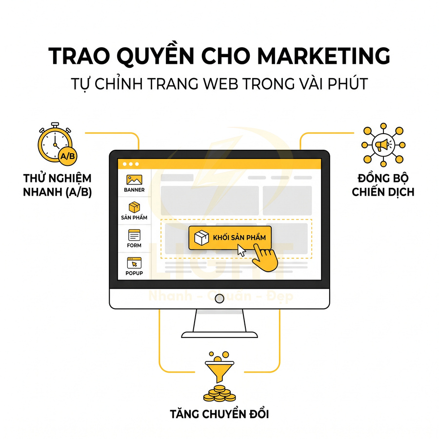 Giao diện máy tính cho phép marketer tự chỉnh khối sản phẩm trên website để thử nghiệm A/B và tăng chuyển đổi