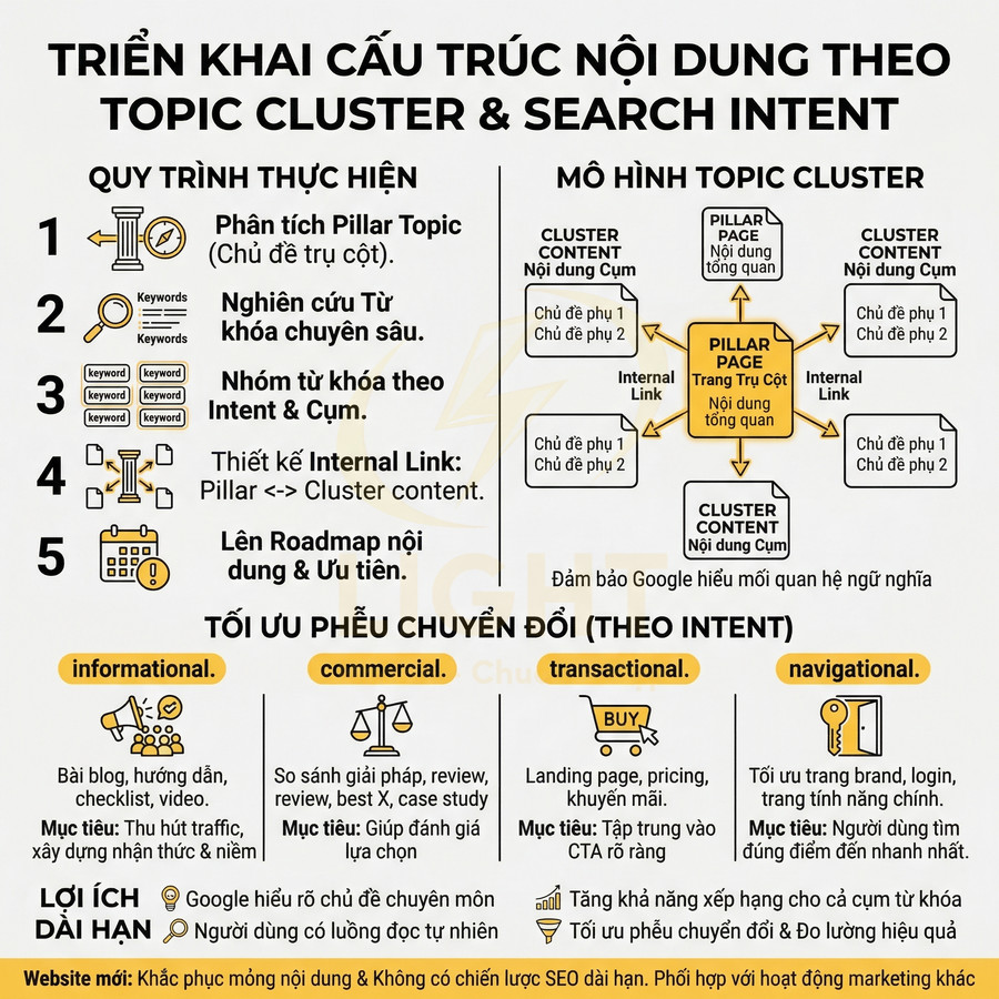 Triển khai cấu trúc nội dung SEO theo topic cluster và search intent với pillar page và nội dung chùm