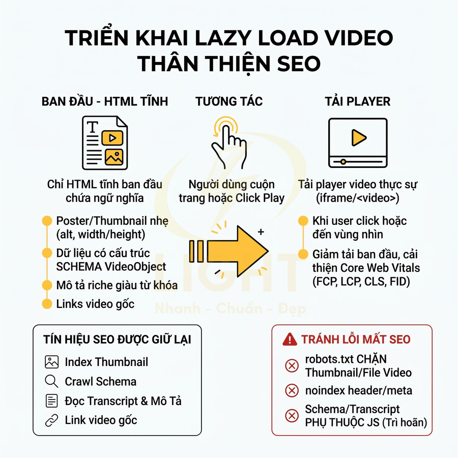 Hướng dẫn triển khai lazy load video tối ưu SEO với HTML tĩnh, tương tác người dùng và tải player video