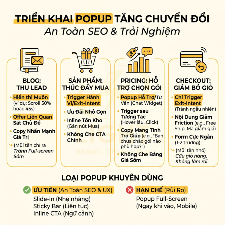 Hướng dẫn triển khai popup tăng chuyển đổi an toàn SEO với các loại popup ưu tiên và hạn chế