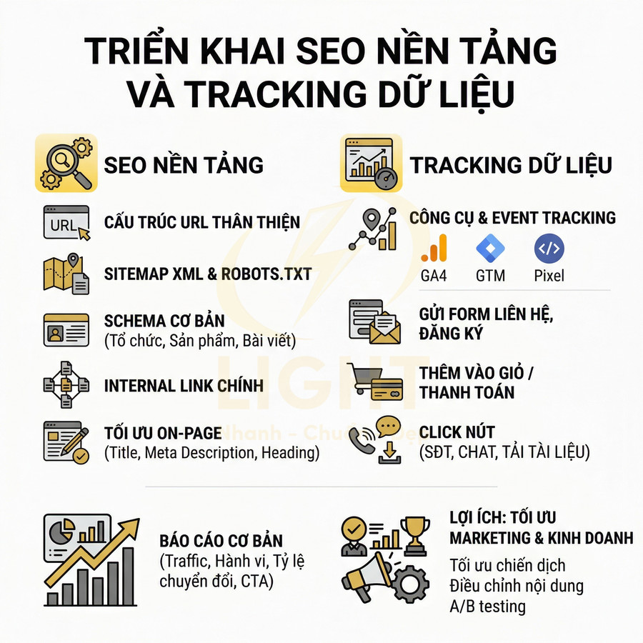 Triển khai SEO nền tảng và tracking dữ liệu với cấu trúc URL, schema, báo cáo và tối ưu marketing