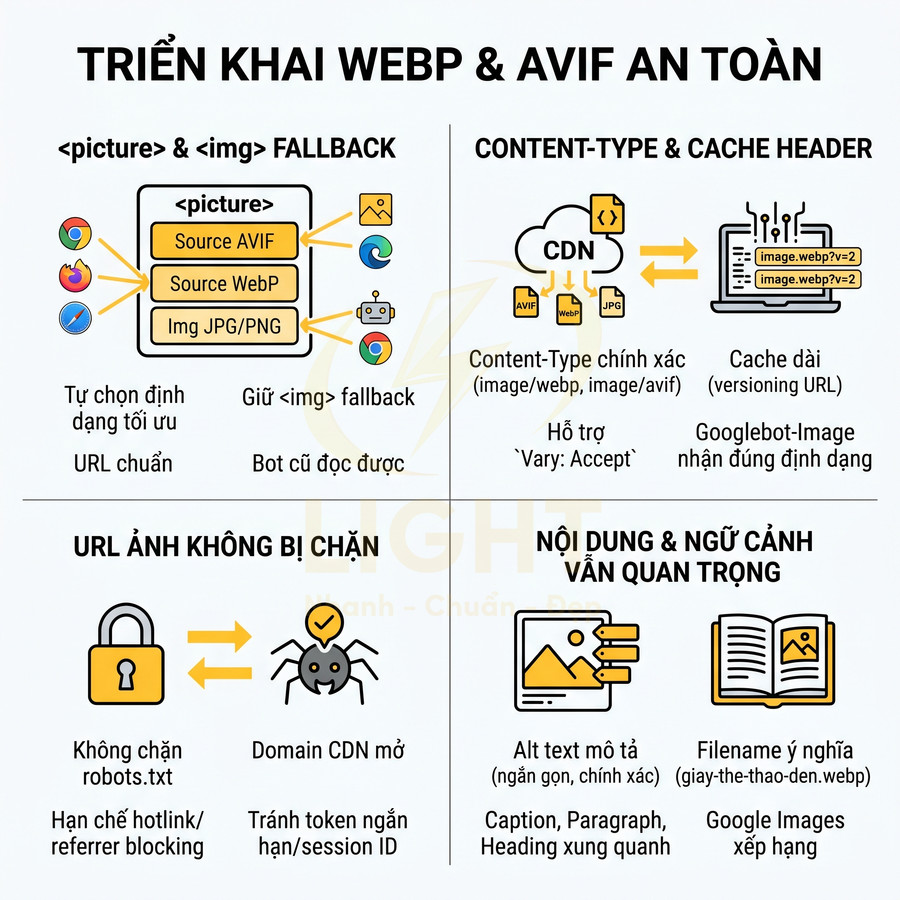 Hướng dẫn triển khai định dạng ảnh WebP và AVIF an toàn với fallback, CDN, cache, robots và tối ưu alt text cho SEO