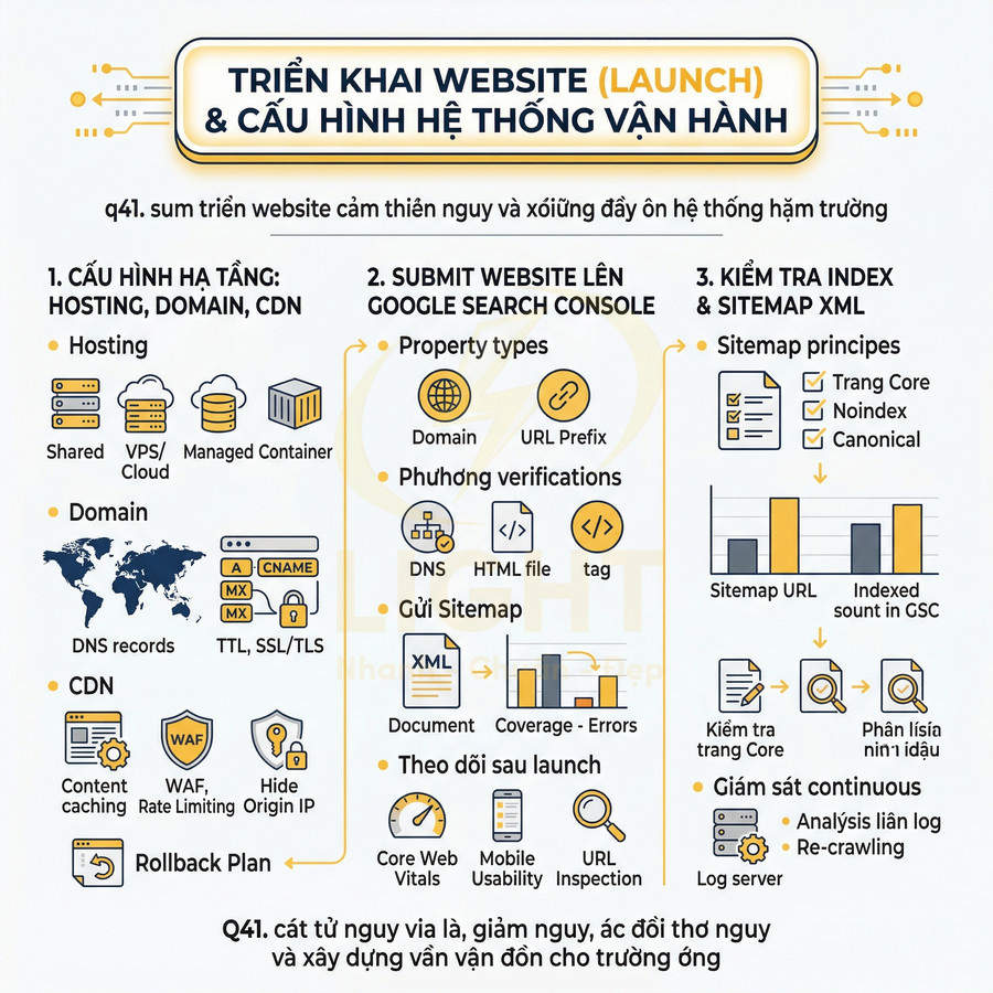 Infographic quy trình triển khai website, cấu hình hosting domain CDN và submit Google Search Console