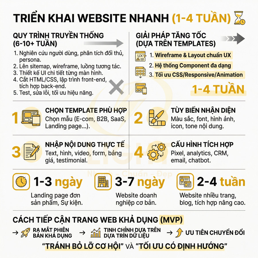 Infographic quy trình triển khai website nhanh 1 đến 4 tuần bằng template, tối ưu UX và tích hợp công cụ marketing