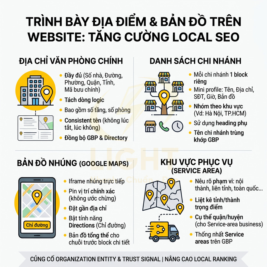 Hướng dẫn trình bày địa chỉ, bản đồ Google Maps và khu vực phục vụ trên website để tối ưu local SEO