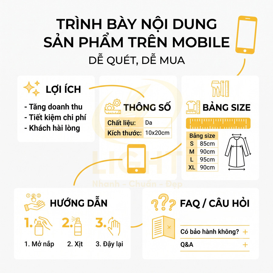 Hướng dẫn trình bày nội dung sản phẩm trên mobile với lợi ích, thông số, bảng size, cách dùng và mục FAQ