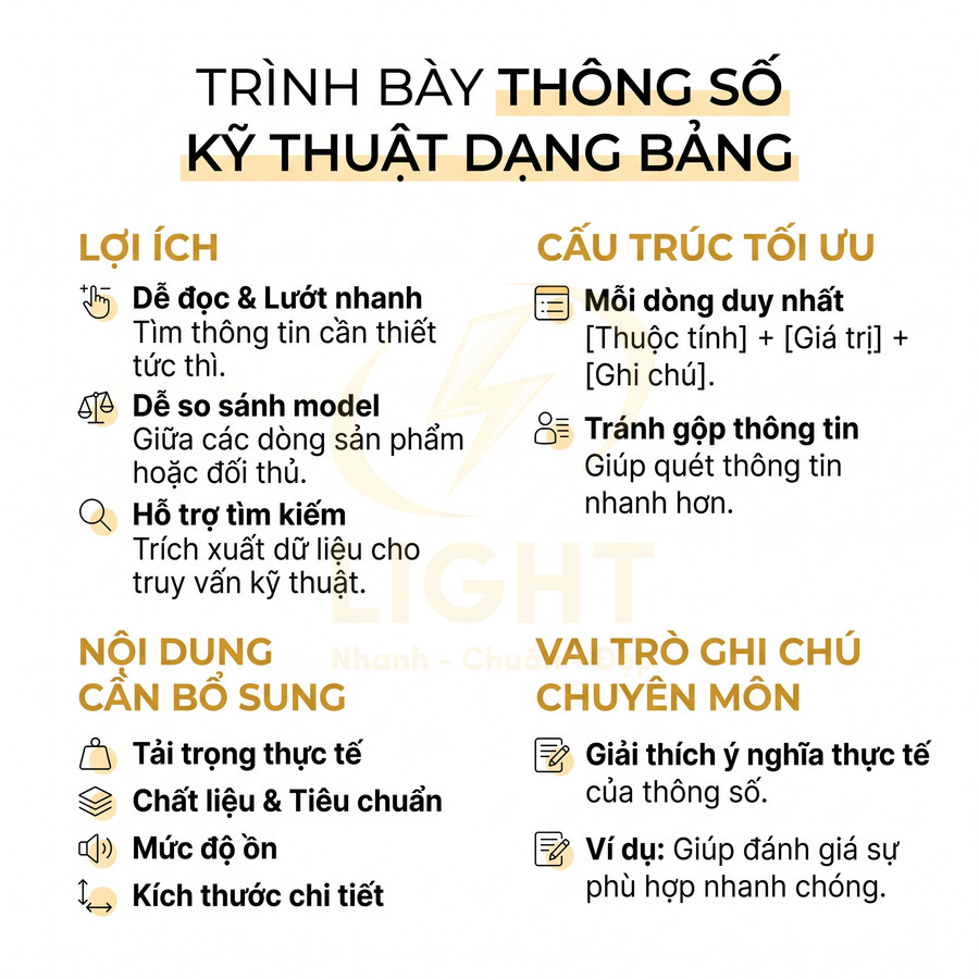 Hướng dẫn trình bày thông số kỹ thuật dạng bảng, nêu lợi ích, cấu trúc tối ưu và nội dung cần bổ sung