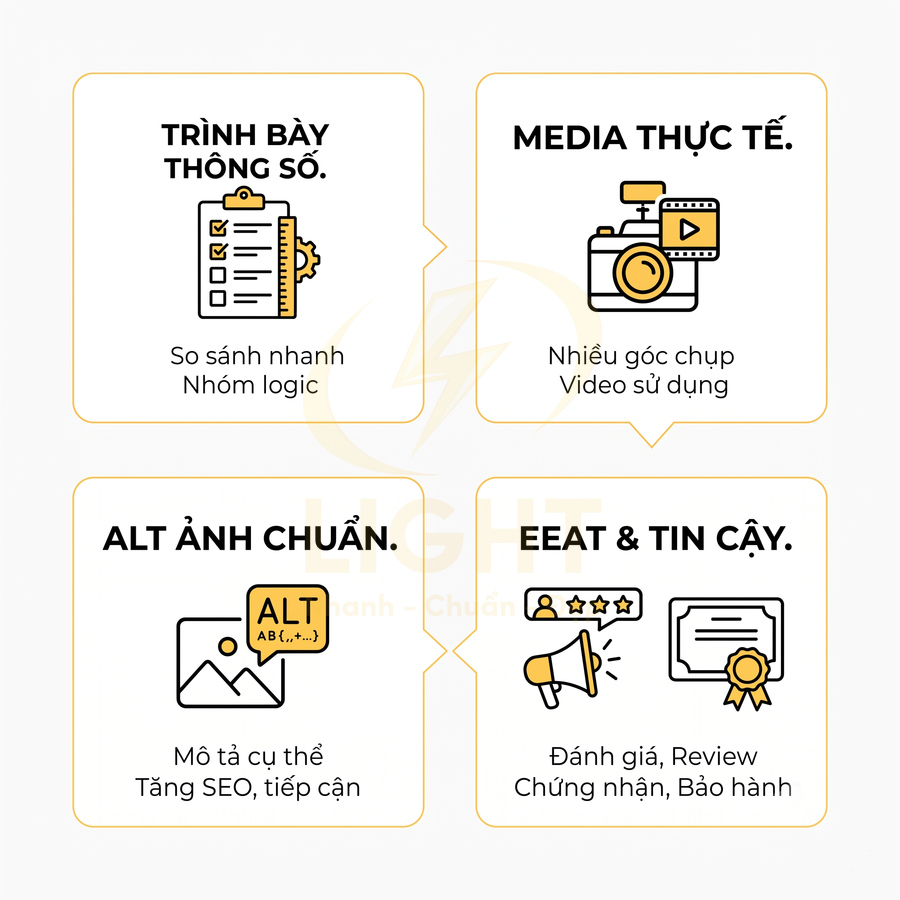 Mẫu trình bày nội dung sản phẩm với thông số, media thực tế, alt ảnh chuẩn và yếu tố EEAT tin cậy