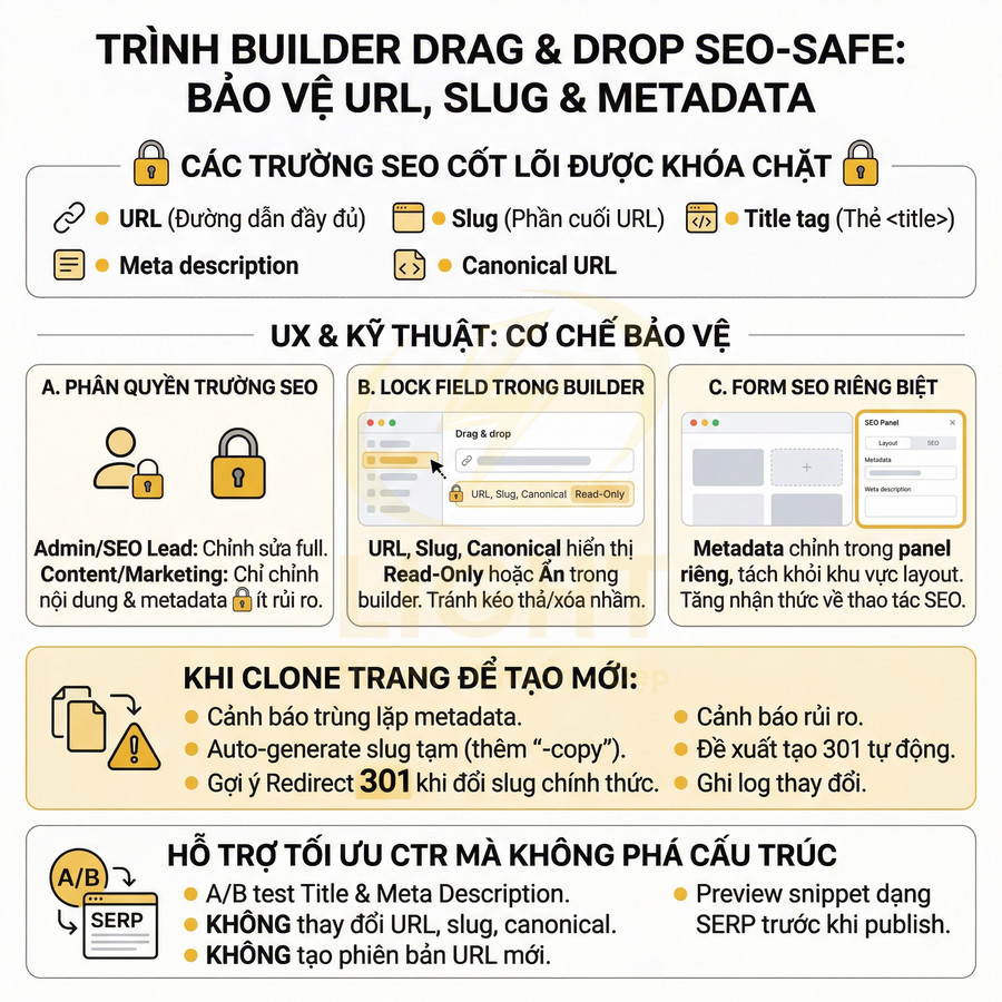 Trình builder drag and drop SEO safe bảo vệ URL slug metadata và phân quyền chỉnh sửa trường SEO