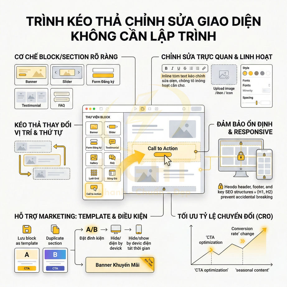 Giao diện trình kéo thả chỉnh sửa website không cần lập trình với thư viện block và tối ưu chuyển đổi CRO