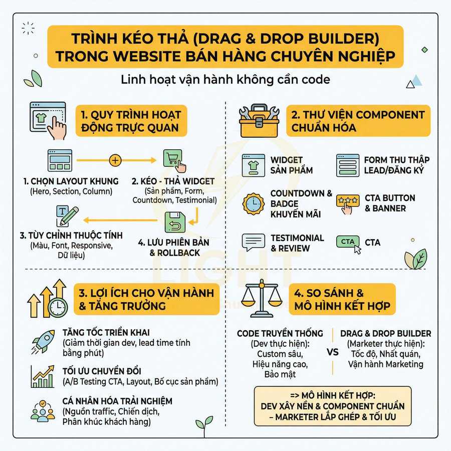 Infographic giới thiệu tính năng trình kéo thả drag and drop builder cho website bán hàng chuyên nghiệp