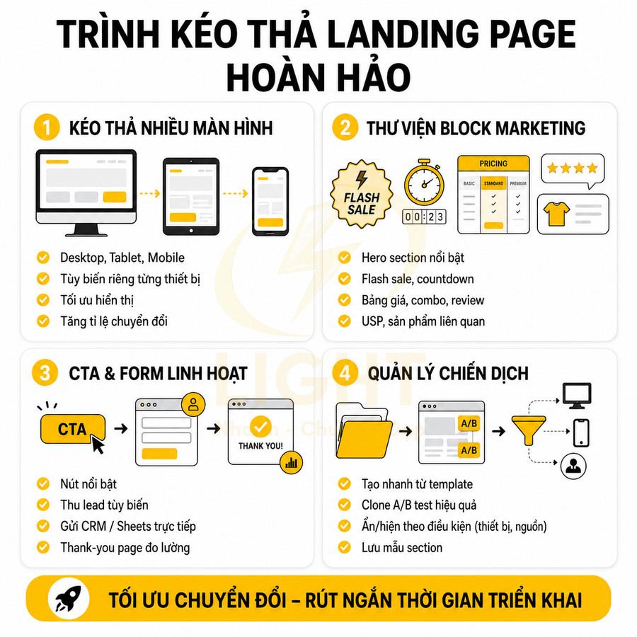 Infographic giới thiệu công cụ kéo thả tạo landing page tối ưu chuyển đổi với CTA, form và quản lý chiến dịch marketing