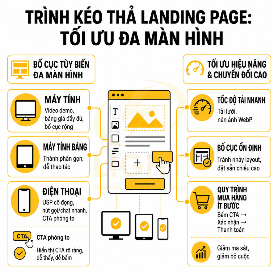Trình kéo thả thiết kế landing page tối ưu đa màn hình với CTA nổi bật và tốc độ tải nhanh