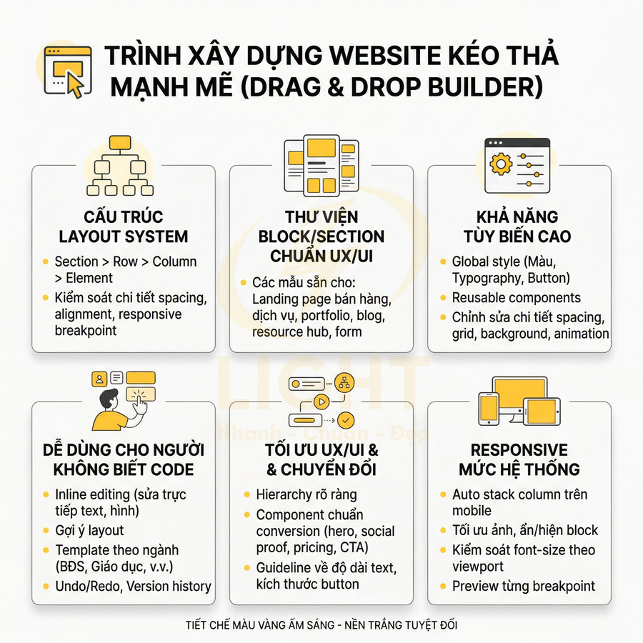 Trình xây dựng website kéo thả mạnh mẽ với layout system, thư viện block UX UI và responsive cho người không biết code