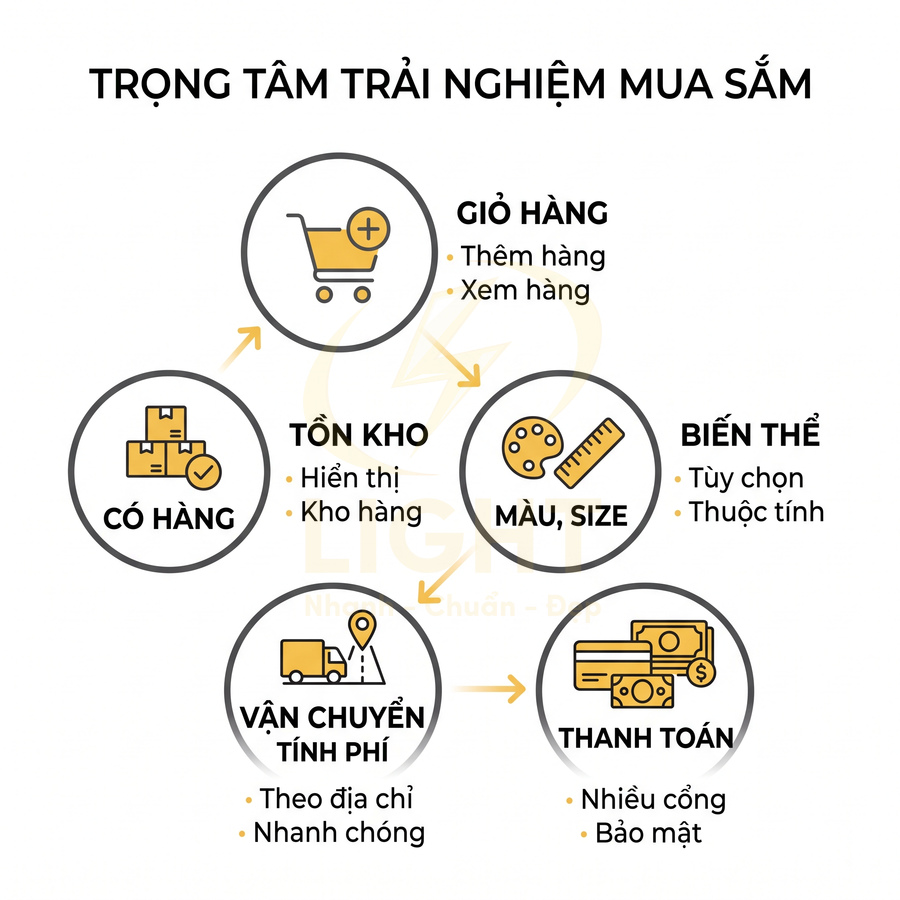 Quy trình trải nghiệm mua sắm online gồm giỏ hàng, tồn kho, biến thể màu size, vận chuyển và thanh toán
