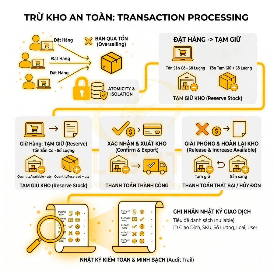 Quy trình trừ kho an toàn trong bán hàng online với các bước đặt hàng, tạm giữ, xuất kho và ghi nhận nhật ký giao dịch