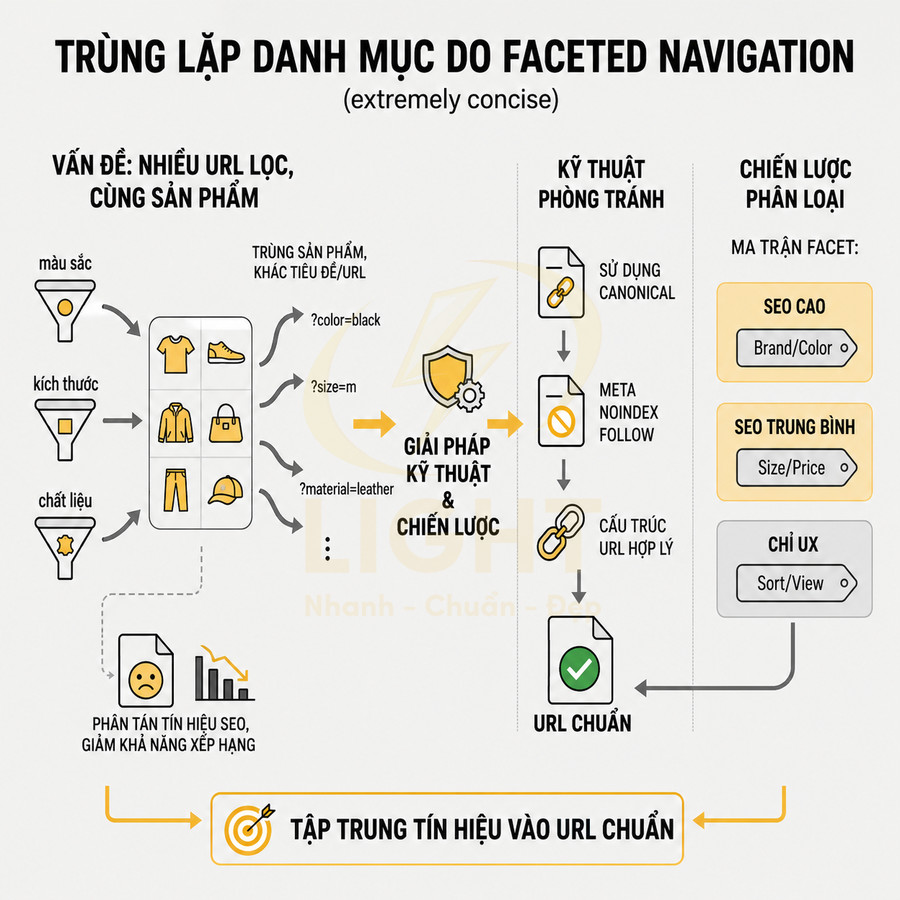 Infographic hướng dẫn xử lý trùng lặp danh mục SEO do faceted navigation và tập trung tín hiệu vào URL chuẩn