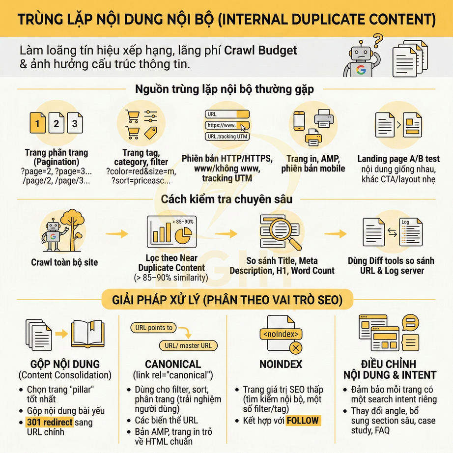 Infographic hướng dẫn xử lý trùng lặp nội dung nội bộ trên website để tối ưu SEO và crawl budget