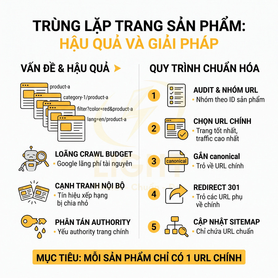 Infographic hướng dẫn xử lý trùng lặp trang sản phẩm với quy trình chuẩn hóa URL và mục tiêu mỗi sản phẩm một URL chính
