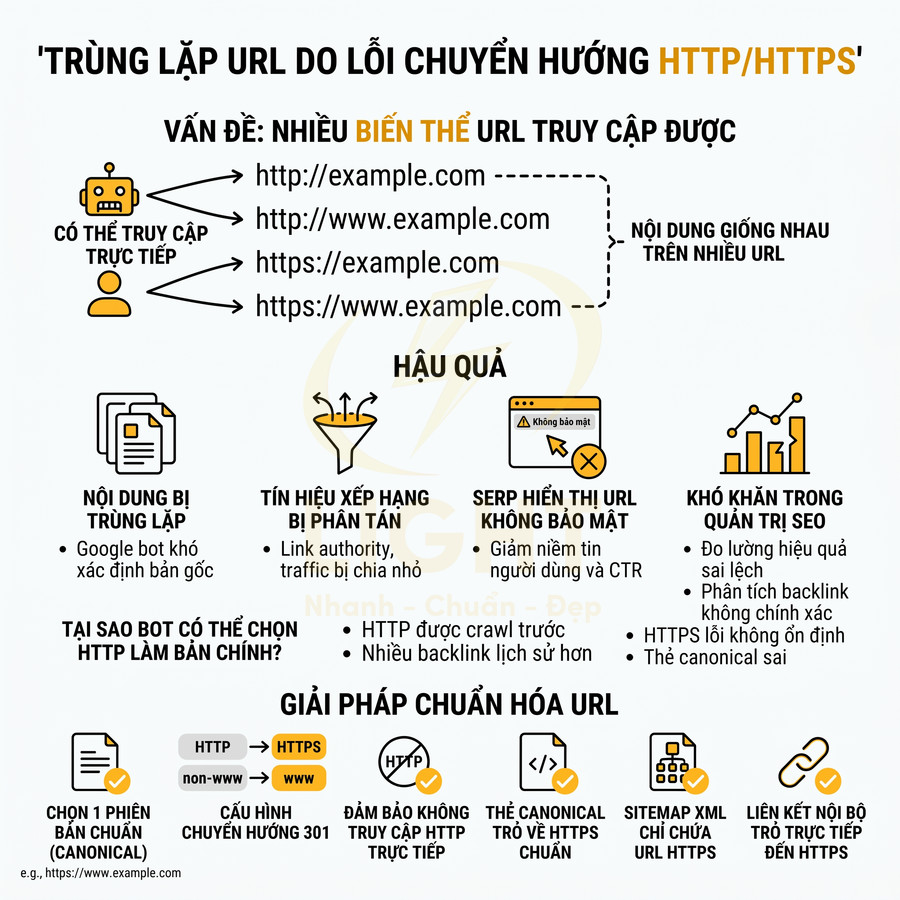 Infographic giải thích trùng lặp URL do lỗi chuyển hướng HTTP HTTPS và các giải pháp chuẩn hóa URL cho SEO