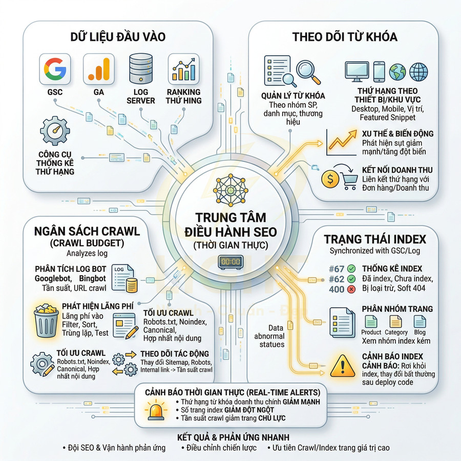 Sơ đồ trung tâm điều hành SEO thời gian thực với dữ liệu đầu vào, ngân sách crawl, theo dõi từ khóa và trạng thái index