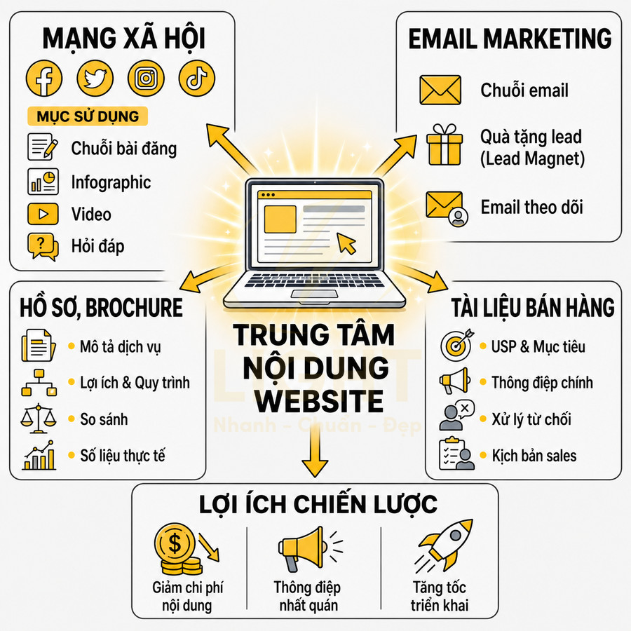 Mô hình laptop minh họa website là trung tâm nội dung kết nối mạng xã hội, email marketing và tài liệu bán hàng