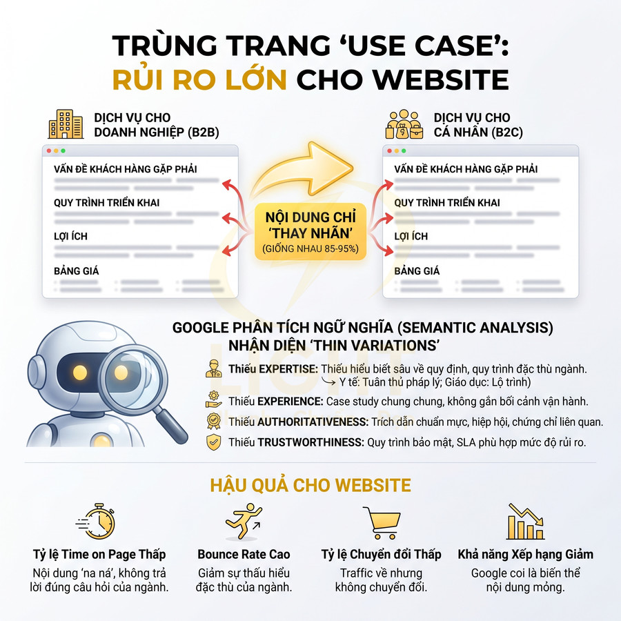 Infographic cảnh báo rủi ro trùng lặp nội dung use case B2B B2C và hậu quả SEO cho website