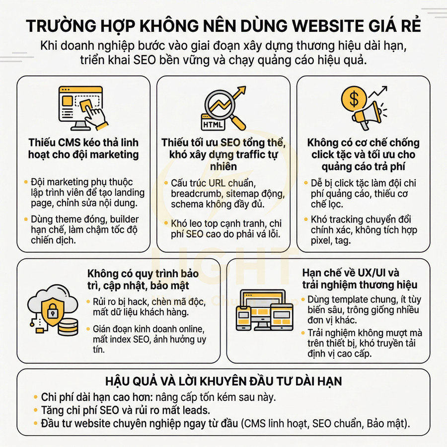 Infographic lý do không nên dùng website giá rẻ, nêu hạn chế về CMS, SEO, bảo mật và trải nghiệm người dùng
