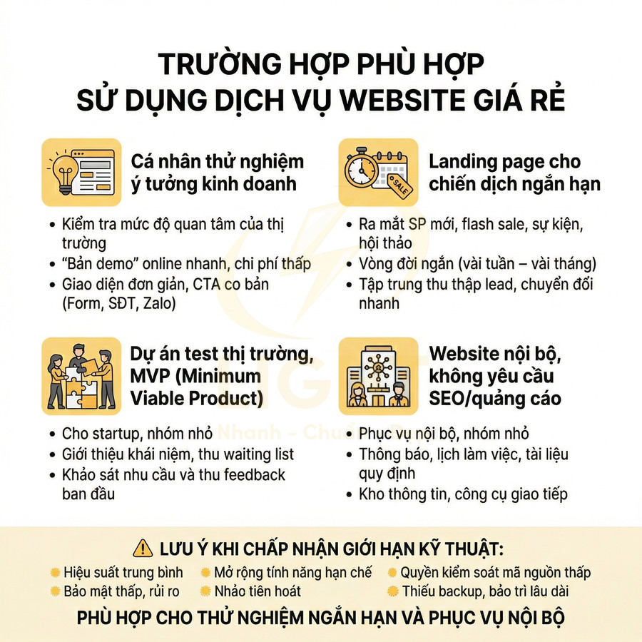 Các trường hợp nên dùng dịch vụ thiết kế website giá rẻ cho landing page, MVP, thử nghiệm ý tưởng kinh doanh
