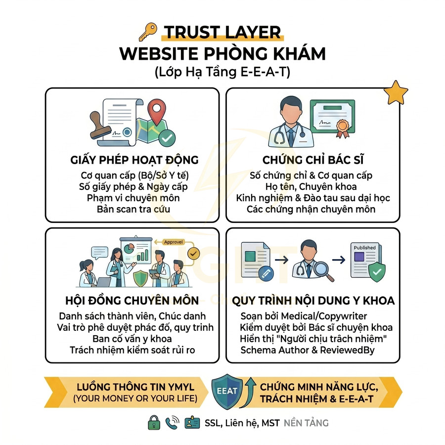 Infographic hướng dẫn xây dựng trust layer E-E-A-T cho website phòng khám với giấy phép, chứng chỉ bác sĩ và quy trình nội dung