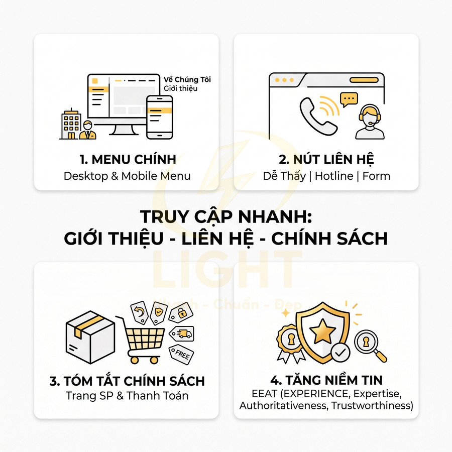 Thiết kế giao diện website với menu chính, nút liên hệ, tóm tắt chính sách và biểu tượng tăng niềm tin EEAT