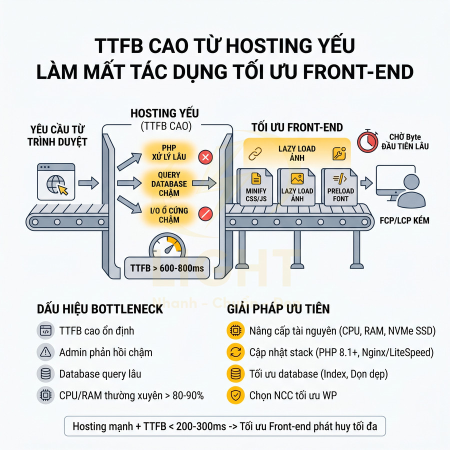 Minh họa TTFB cao do hosting yếu làm giảm hiệu quả tối ưu front end và gợi ý giải pháp nâng cấp hosting