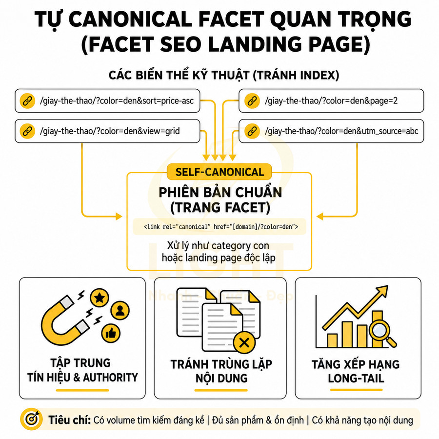 Minh họa hướng dẫn thiết lập canonical cho trang facet SEO để tránh trùng lặp nội dung và tăng xếp hạng tìm kiếm