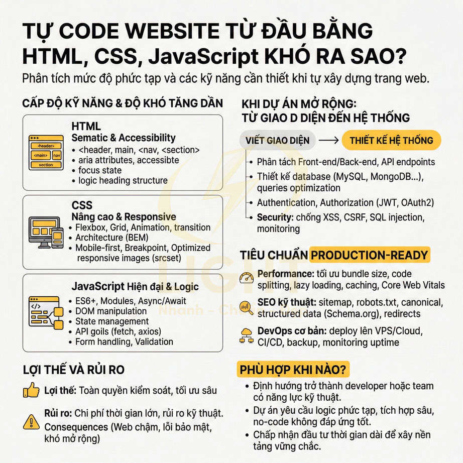 Infographic phân tích độ khó tự code website từ đầu bằng HTML CSS JavaScript và các kỹ năng cần có