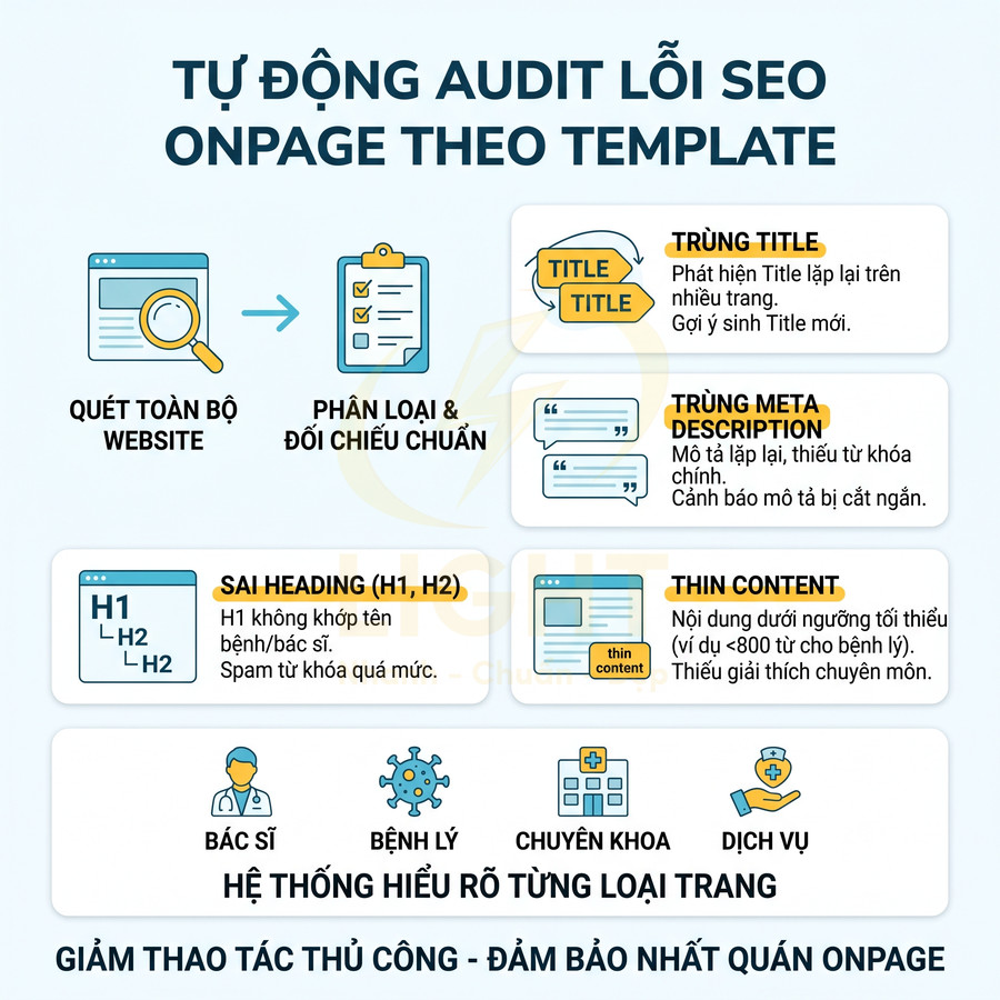 Mô tả quy trình tự động audit lỗi SEO onpage theo template, phát hiện trùng title, meta, sai heading và thin content