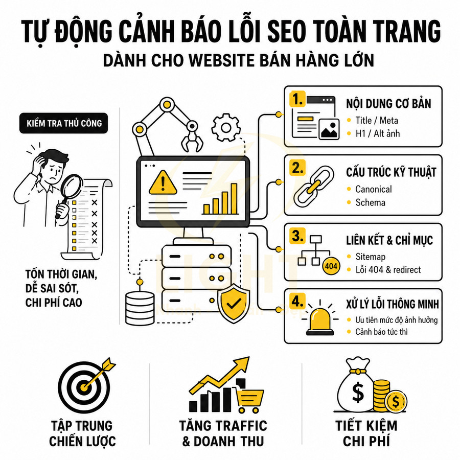 Giải pháp tự động cảnh báo lỗi SEO toàn trang cho website bán hàng lớn, tăng traffic và tiết kiệm chi phí