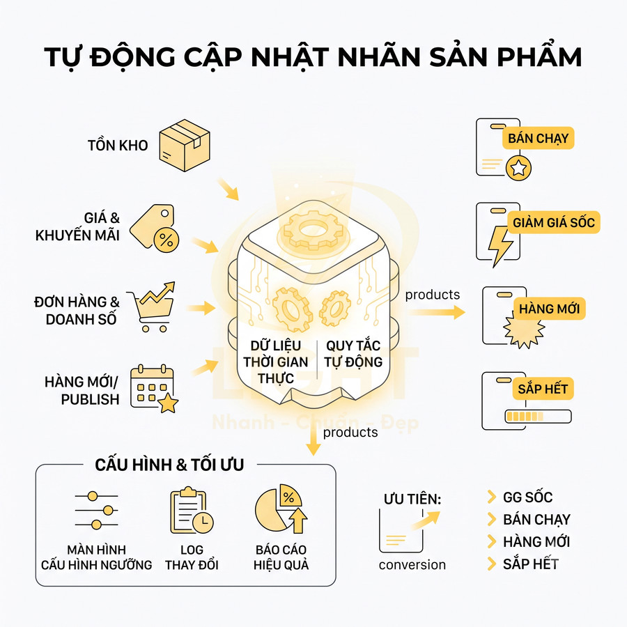 Mô tả quy trình tự động cập nhật nhãn sản phẩm theo tồn kho, giá, đơn hàng và hàng mới trên hệ thống bán hàng