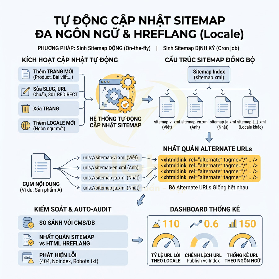 Infographic hệ thống tự động cập nhật sitemap đa ngôn ngữ và thẻ hreflang, thống kê lỗi và kiểm soát SEO website