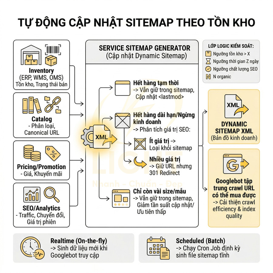 Sơ đồ quy trình tự động cập nhật sitemap động theo tồn kho để tối ưu crawl và chất lượng index SEO
