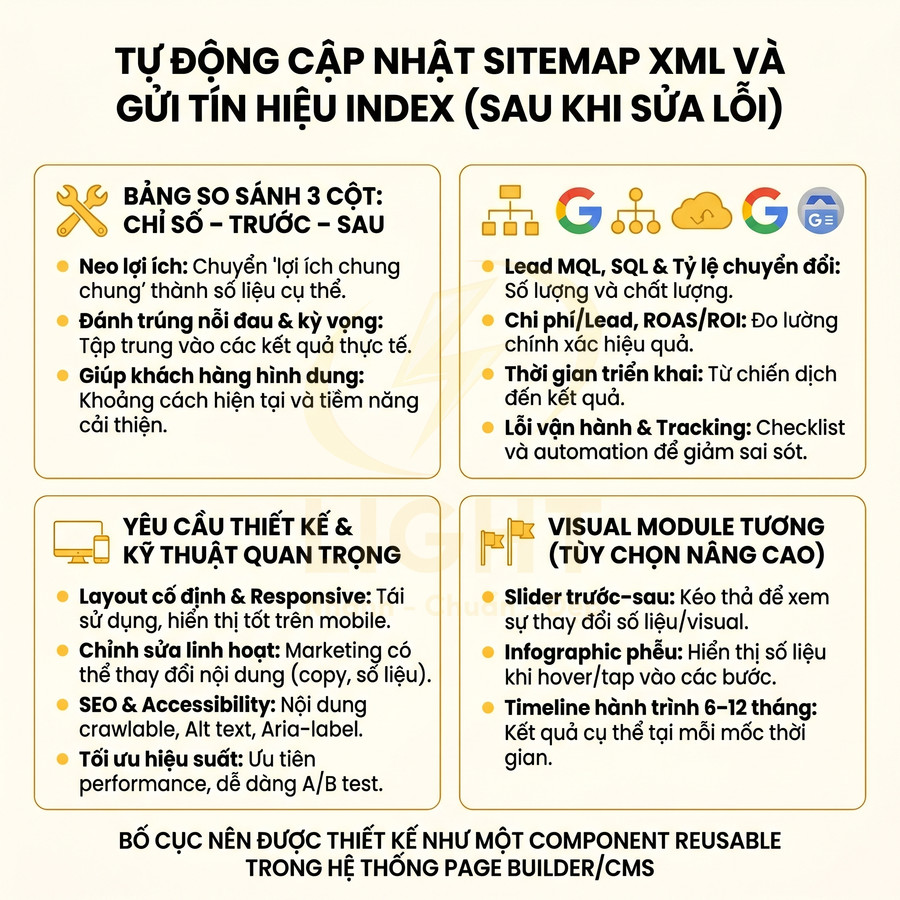 Infographic hướng dẫn tự động cập nhật sitemap XML, gửi tín hiệu index và tối ưu SEO sau khi sửa lỗi website