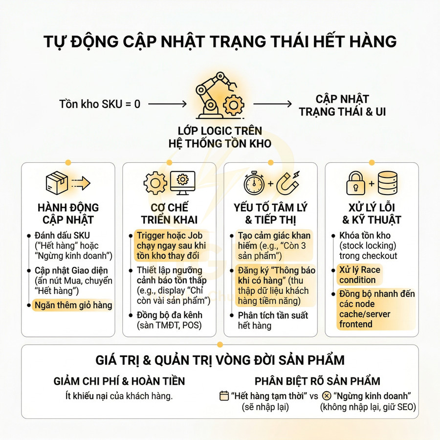 Sơ đồ quy trình tự động cập nhật trạng thái hết hàng và quản trị vòng đời sản phẩm trong hệ thống tồn kho