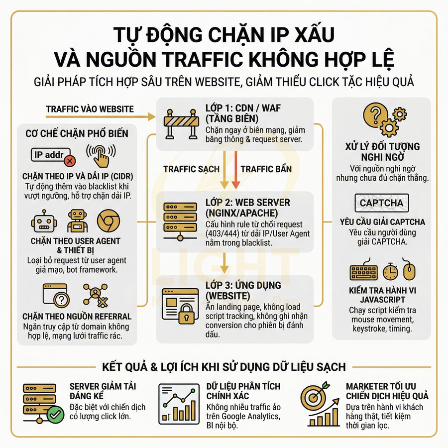 Infographic giải pháp tự động chặn IP xấu và traffic không hợp lệ giúp lọc dữ liệu sạch cho website
