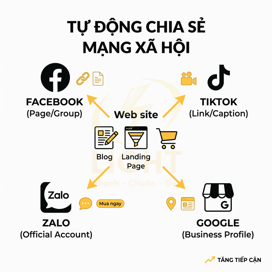 Sơ đồ tự động chia sẻ nội dung từ website blog landing page sang Facebook TikTok Zalo và Google Business Profile