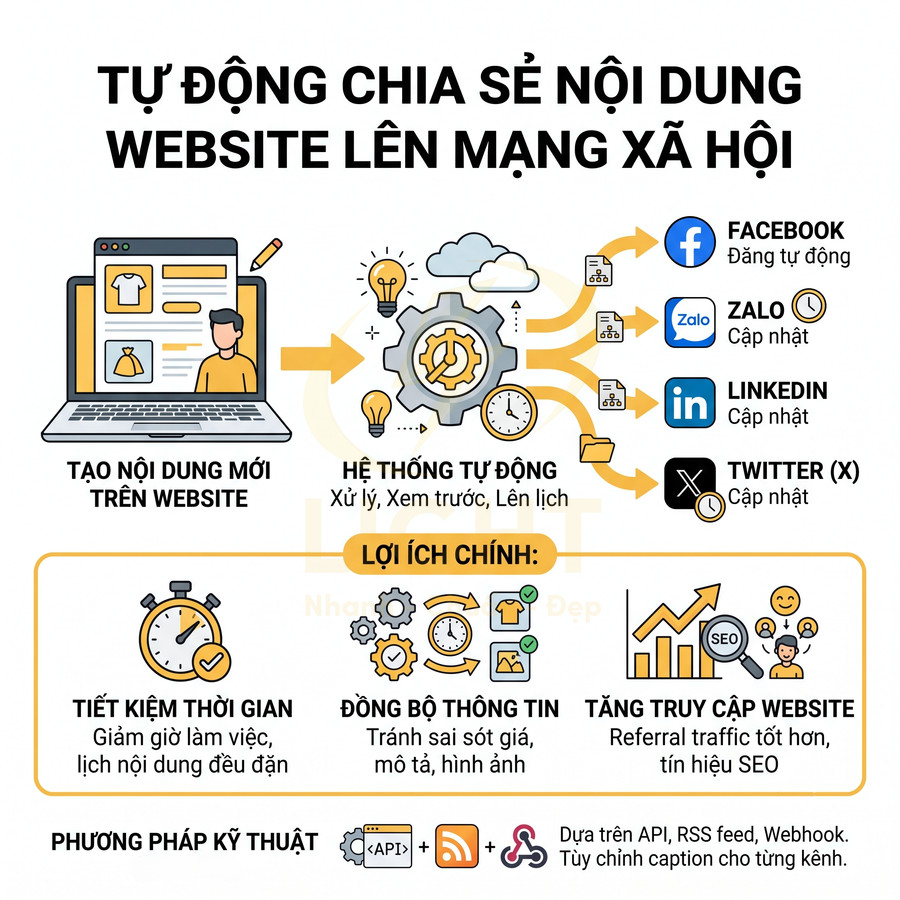Giải pháp tự động chia sẻ nội dung website lên Facebook Zalo LinkedIn Twitter giúp tiết kiệm thời gian và tăng truy cập SEO